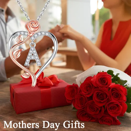 Vista 2 de Iefil Collares de corazón de rosa, regalos para mujer, plata de ley 925, collar con dije de letra de corazón rosa, joyería, día de la madre, San