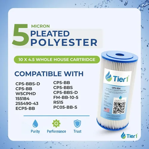 Vista 2 de Tier1 Cartucho de filtro de sedimento plisado de 5 micrones de 4.5" × 10" (12 unidades)