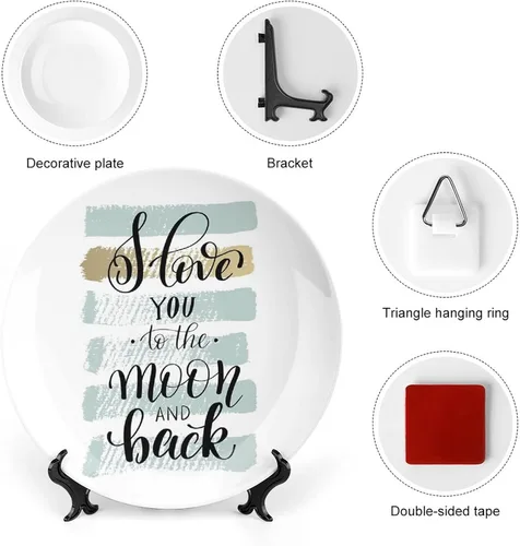 Vista 3 de XISUNYA Plato decorativo de 6 pulgadas, plato de cena con texto en inglés "I Love You to the Moon and Back", accesorio de decoración de cerámica