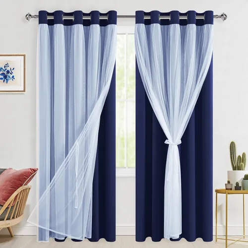 Vista 103 de Hiasan Cortinas opacas con superposición transparente, aislamiento térmico para mezclar y combinar de doble capa, cortinas de oscurecimiento de Beige