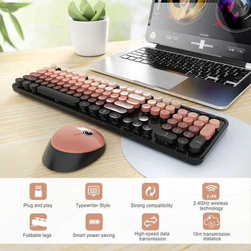 Vista 2 de SkyGive - Combo de teclado y mouse inalámbricos, teclado ergonómico de tamaño completo con diseño retro tipo máquina de escribir, con teclas