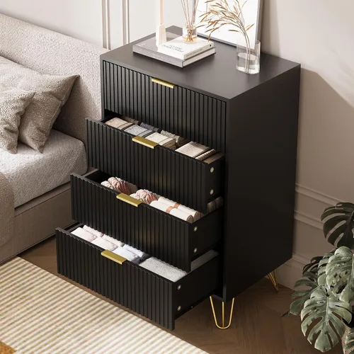 Vista 4 de MAISONARIA Cómoda negra para dormitorio, cómoda de 4 cajones con tiradores de metal dorado y cómodas, cómodas para pasillo, dormitorio
