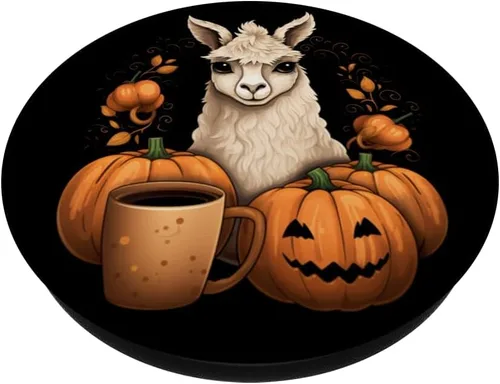 Vista 2 de Llama Alpaca Calabaza Especias Latte Otoño Acción de Gracias Halloween PopSockets Estándar PopGrip