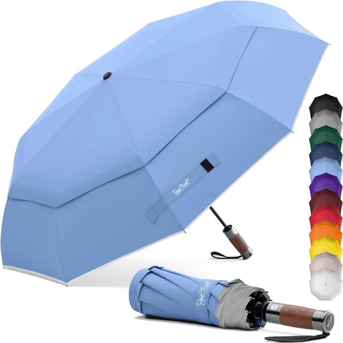 Vista 10 de Royal Walk Paraguas plegable resistente al viento, viaje compacto y fuerte, lujoso, mango de madera real, apertura y cierre automático, doble toldo