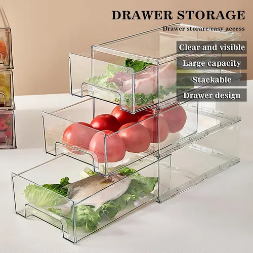 Vista 4 de MANO Paquete de 2 cajones transparentes para refrigerador, apilables, organizadores de cajones para refrigerador, caja de almacenamiento