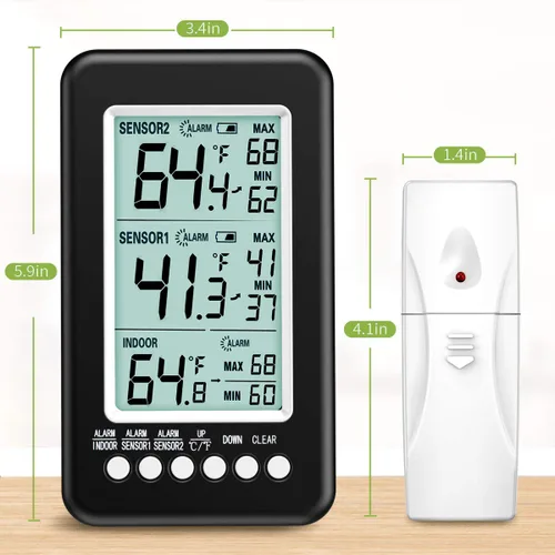 Vista 6 de KeeKit Termómetro para refrigerador, termómetro inalámbrico para interiores y exteriores con 2 sensores, termómetro digital para nevera con alarma