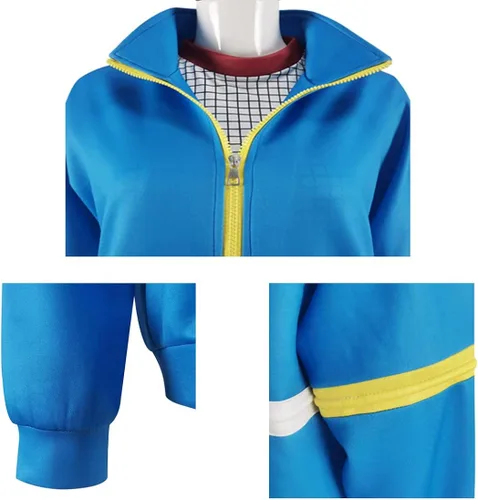Vista 6 de Gionli Disfraz de Stranger Max para adultos, chaqueta de Halloween, uniforme escolar, sudadera con coletero, Azul