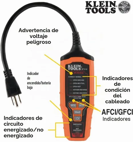 Vista 2 de Klein Tools Probador de salida RT310, probador de receptáculos AFCI y GFCI para enchufes eléctricos de CA de América del Norte