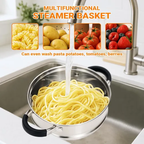 Vista 4 de Kirecoo Vaporizador de 3.2 cuartos de galón para cocinar - Olla de vapor de acero inoxidable con cesta de vapor, olla de cocción con mango