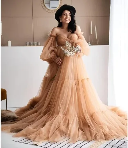 Vista 6 de Vestido de maternidad de tul para sesión de fotos, vestidos de maternidad de verano con hombros descubiertos para baby shower, vestidos de embarazo
