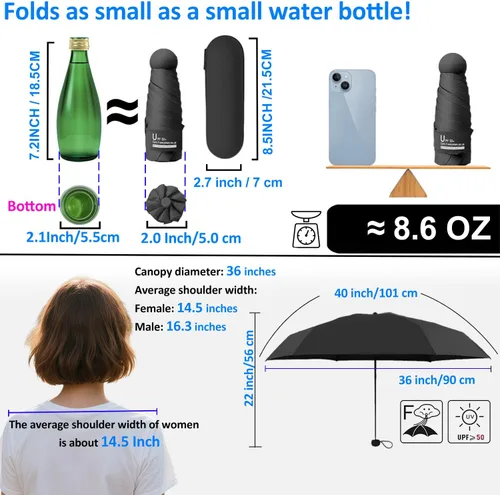 Vista 4 de BAODINI Travel Essentials - Mini paraguas para bolso con funda, protección solar UV, compacto, ligero, bolsillo pequeño, cierre manual, paraguas