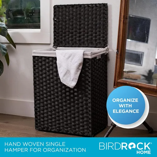 Vista 8 de BIRDROCK HOME Cesta de lavandería individual con tapa - Marrón - Bolsa forrada - Tejida a mano - Cesta pequeña plegable - Contenedor plegable