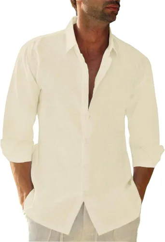 Vista 14 de JEKAOYI - Camisas de lino con botones para hombre, de manga larga, ajuste regular, de algodón, camisas de playa con bolsillo