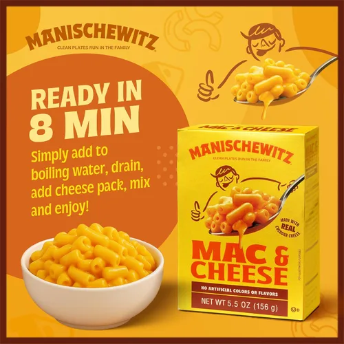 Vista 6 de Manischewitz Kosher Mac & Cheese, 5.5 onzas (paquete de 4) Hecho con queso cheddar real, sin colores artificiales de sabores, certificado Kosher