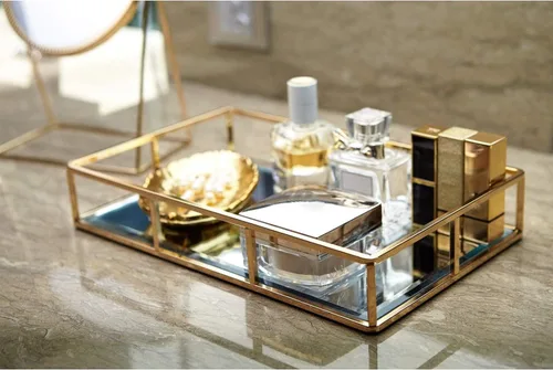 Vista 6 de Bandeja con espejo PuTwo, bandeja dorada para cómoda, bandeja decorativa de metal, bandeja de joyas y perfumes, bandeja para maquillaje para Dorado
