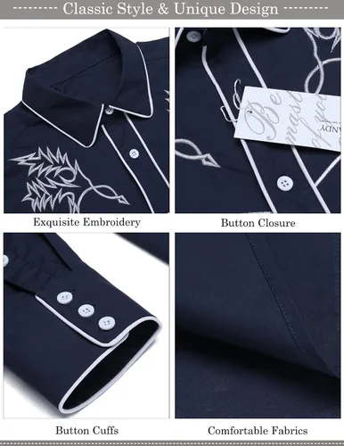 Vista 5 de COOFANDY Camisa vaquera occidental bordada de manga larga de algodón casual con botones para hombre