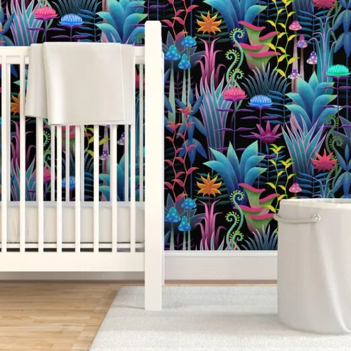 Vista 6 de Muestro de papel tapiz extraíble - Bioluminiscente Selva Floral Árboles Fantástico Helecho Papel pintado personalizado pre-pegado por Spoonflower