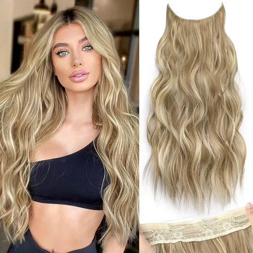 Vista 98 de Extensiones de cabello con hilo invisible, diadema transparente, ajustables, 4 clips fijadores, cabello largo y ondulado de 12 pulgadas, balayage