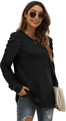 Vista 3 de XIEERDUO Sudaderas para mujer, cuello redondo, manga abombada, suéteres sueltos, ropa moderna y fluida