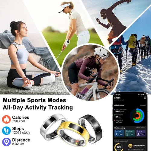 Vista 4 de uaue Anillo inteligente de salud para mujeres y hombres, alerta de vibración, control táctil, anillo de seguimiento de fitness con sueño/salud