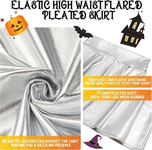 Vista 3 de Disfraz de alienígena de Halloween de 3 piezas, incluye falda de alienígena metálica plateada, falda plisada acampanada, purpurina cosmética
