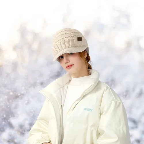 Vista 7 de Sombreros de invierno para mujeres - Gorro de punto cálido y con estilo, grueso, con visera, lindos sombreros de invierno suaves y elásticos