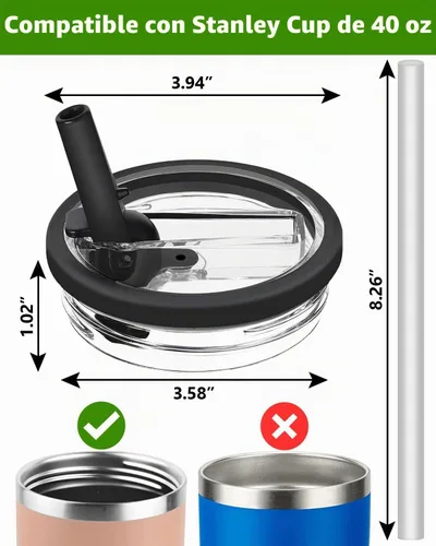 Vista 2 de Tapa de repuesto con popote abatible compatible con vaso Stanley de 40 onzas, paquete de 2 (negro, 40 onzas)