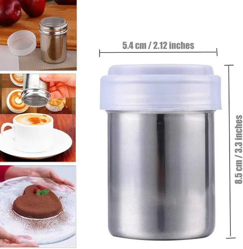 Vista 5 de Coctelera de azúcar en polvo con tapa, de acero inoxidable, de malla fina, canela, azúcar glaseada, harina de cacao, chocolate, café, tamizador