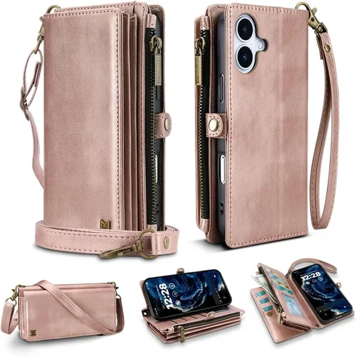Vista 69 de Funda tipo cartera para iPhone 16 Pro Max con 8 tarjeteros, bloqueo RFID, piel sintética, función atril, abatible, correa de muñeca y correa