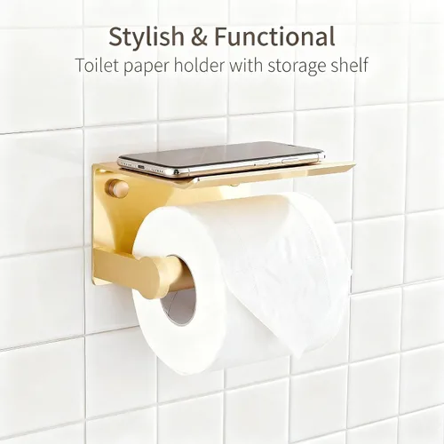 Vista 9 de Youda - Soporte de papel higiénico dorado con soporte de pared para estante, autoadhesivo o montaje con tornillo, aluminio inoxidable, se adapta a