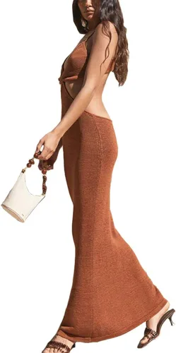 Vista 3 de Antopmen Vestido largo de punto con tirantes delgados para mujer, elegante, sexy, corte de fiesta, sin espalda, entallado, entallado