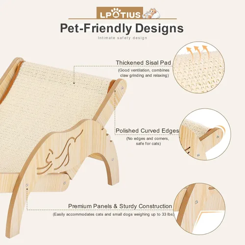Vista 3 de Silla para gatos con rascador de sisal, silla hamaca elevada para 3 ángulos ajustables, rascador y tumbona de sisal natural, capacidad de 33 libras