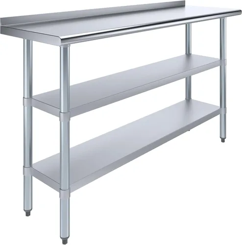Vista 13 de AmGood Mesa de trabajo de acero inoxidable con protector contra salpicaduras de 1.5 pulgadas y 2 estantes Mesa de cocina de metal para preparación