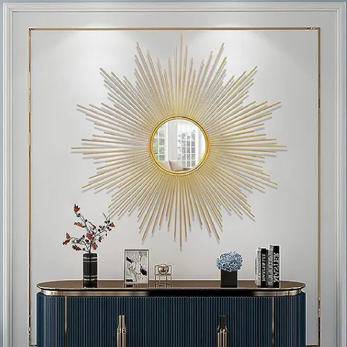 Vista 4 de APLUSH Espejo de pared dorado con forma de explosión de sol de mediados de siglo, moderno Starburst, gran círculo colgante decorativo, para sala