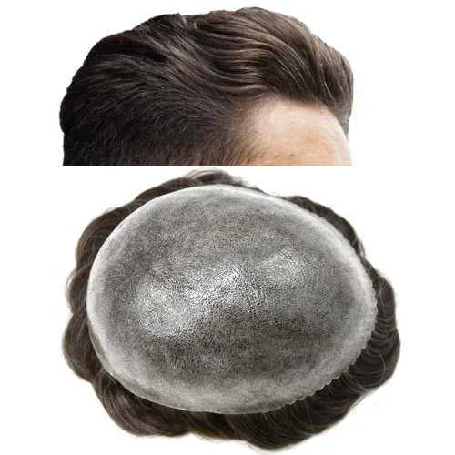 Vista 203 de Toupee para hombre 100% cabello humano real tupé para hombres 0.004 in piel de poliuretano para hombre, sistema de reemplazo de piezas de pelo