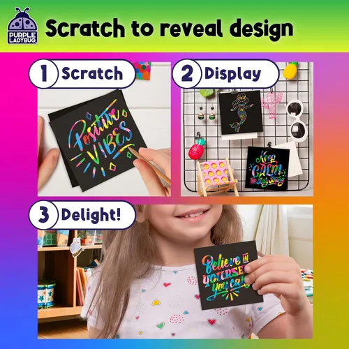 Vista 4 de Mininotas raspables: 150 hojas negras con holograma de brillo plateado o arco iris para niños, hojas para arte y manualidades y garabateo. Incluye