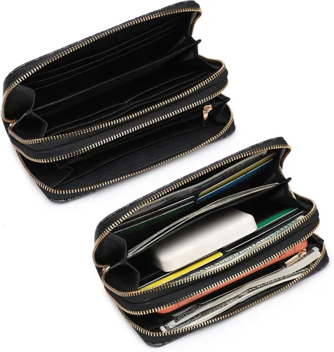 Vista 4 de Women's Double Zip Around Wallet Long Wristlet Purse with Credit Card Slots Negro