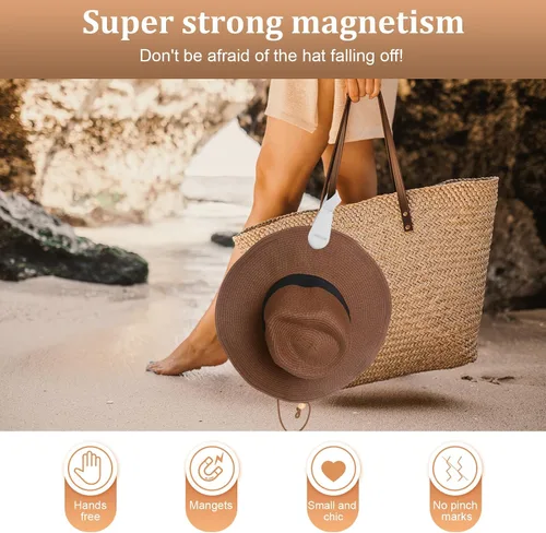 Vista 24 de Clip magnético para sombrero para viajes, 2 soportes de silicona color caqui claro para bolsos, bolsos, equipaje y sombreros de playa, clip