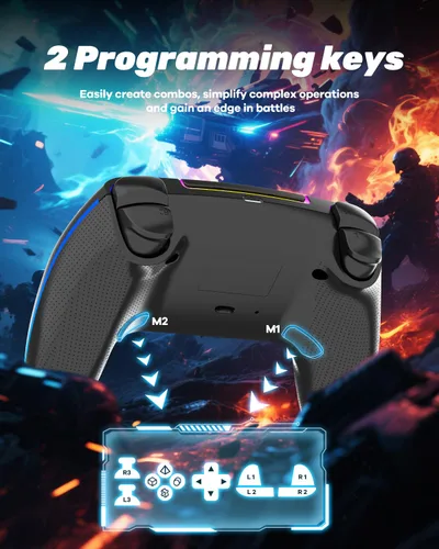 Vista 8 de MYSTILUCK Wireless Pro Controller for PS5/Pro/PC/MAC/Mobile/Steam Deck, Gamepad with 7 Color RGB Lighting/Hall Effect