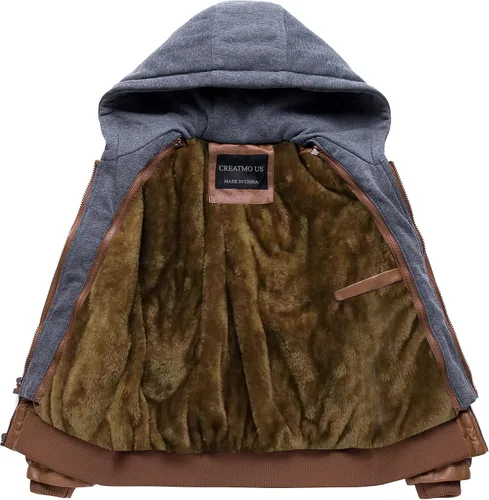 Vista 2 de CREATMO US Chaqueta de piel sintética para hombre, impermeable, resistente al viento, PU con capucha extraíble