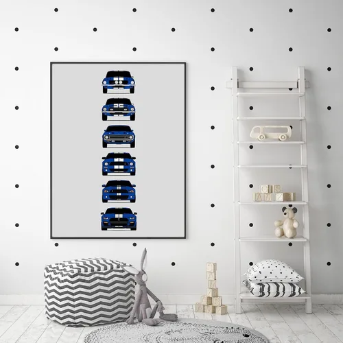 Vista 4 de Custom Car Posters Póster hecho a mano compatible con Shelby Mustang GT500 Generations e impresión de Ford Shelby GT500, azul con rayas blancas