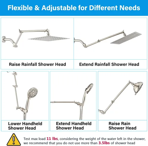 Vista 6 de PDPBath Brazo de extensión de cabezal de ducha de latón de 16 pulgadas, extensor de brazo de ducha ajustable en altura y ángulo flexible con juntas