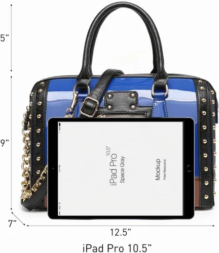 Vista 4 de Dasein Bolso Barrel para Mujer de Cuero Sintético de Charol Brillante con Decoración de Remaches Asa Superior Cartera Bolso de Hombro Azul más grande