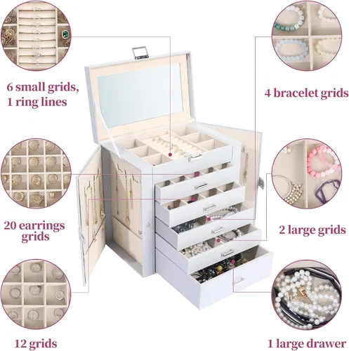 Vista 3 de Joyero para mujer, organizador grande de 6 capas con cerradura y 5 cajones para almacenamiento de joyas, joyero grande para regalo de Navidad
