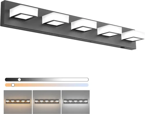 Vista 44 de Ralbay - Luz LED negra para tocador de baño, moderna, atenuable con 5 temperaturas de color, accesorios de iluminación de pared de acrílico negro