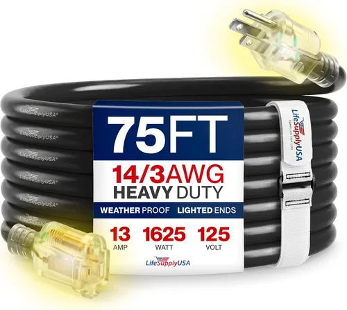 Vista 144 de Cable de extensión SJT de 12/3 300 V con luz LED para uso en interiores y exteriores con enchufe con iluminación LED Amarillo