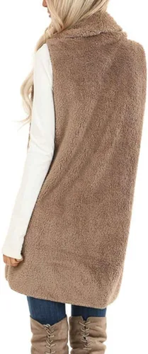 Vista 4 de ReachMe Chaleco de sherpa sin mangas para mujer con bolsillos con solapa frontal abierto de forro polar, suéter mullido