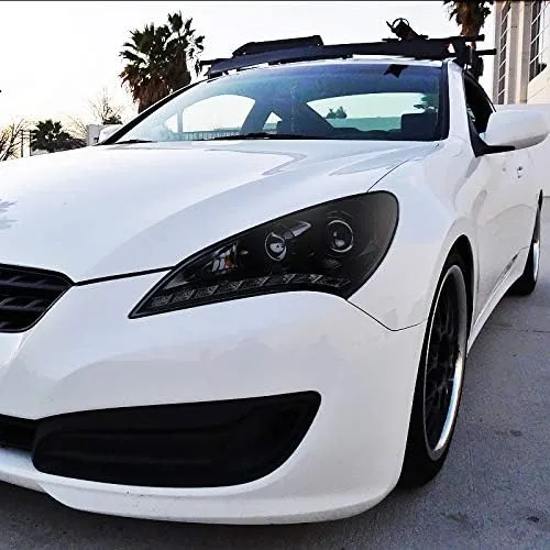 Vista 2 de Spec-D Tuning 2LHP-GENS210G-V2-TM Hyundai Genesis Coupe Proyector Negro Brillante Faros Humo W/R8 Led Drl