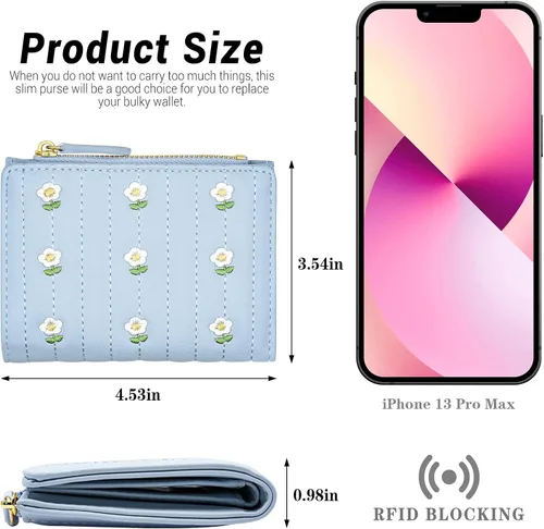 Vista 3 de YINHEXI Cartera con bloqueo RFID para mujer, pequeña, elegante y plegable para tarjetas para niñas, Azul bebé, Twee
