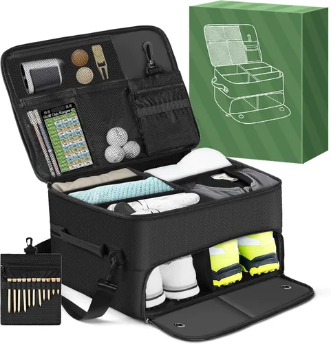 Vista 2 de Organizador de maletero de golf para coche SUV con compartimento para zapatos y divisor Bolsa de almacenamiento de golf de 2 capas para bolas